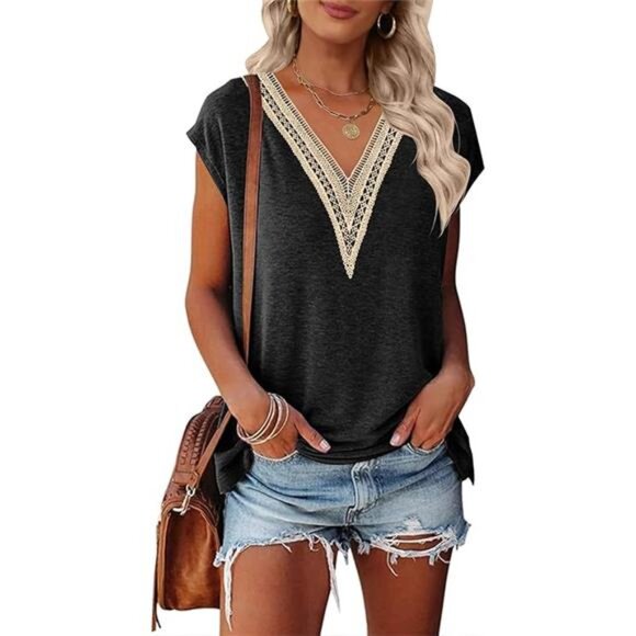Women's Casual Cap Sleeve Lace Trim V Neck Tops 2025 Summer Loose Tee - Picture 7 of 7